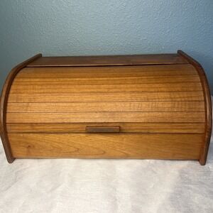 Vintage Teak Wood Accordion Roll Bread Box Storage  16x11x7 - Thailand